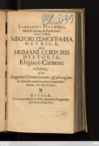 Title page of Mikrokosmographia Metrica, sive Humani Corporis Historia, 1679